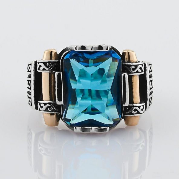 Aquamarin Taşlı 925 Ayar Gümüş Erkek Yüzük - Resim 3