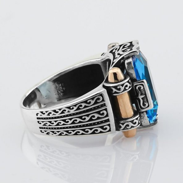 Aquamarin Taşlı 925 Ayar Gümüş Erkek Yüzük - Resim 5