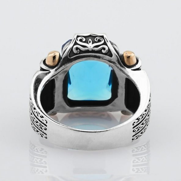 Aquamarin Taşlı 925 Ayar Gümüş Erkek Yüzük - Resim 6