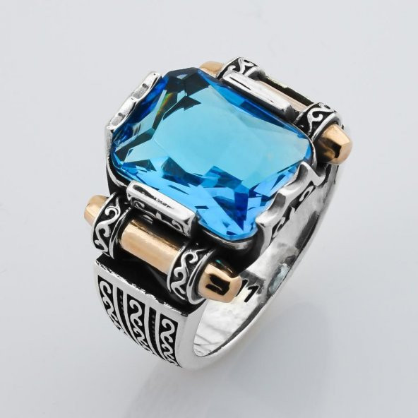 Aquamarin Taşlı 925 Ayar Gümüş Erkek Yüzük - Resim 7