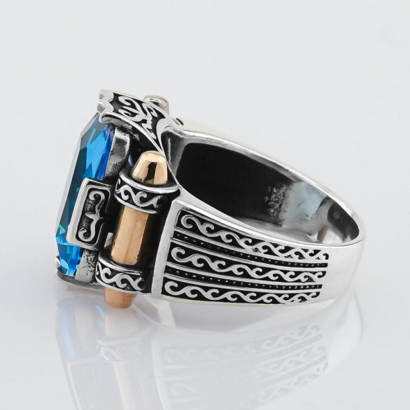 Aquamarin Taşlı 925 Ayar Gümüş Erkek Yüzük - Resim 4