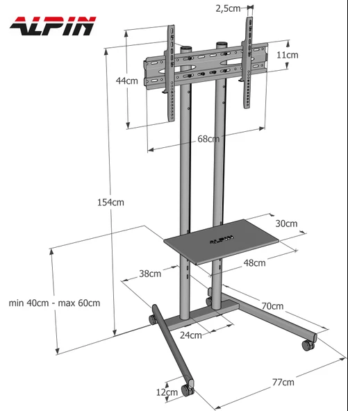ALPİN TV/Fuar Standı Bilgisayar Askı Aparatlı Metal Ayaklı Tekerlekli TV Sehpası/Ünitesi 40 inç -75 inç - 4