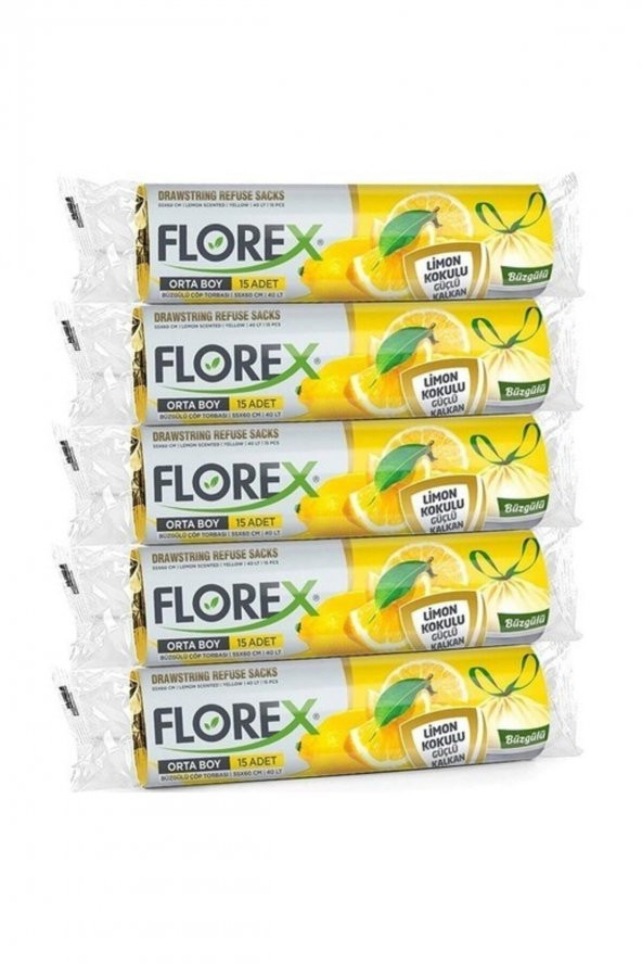 Florex  Büzgülü Limon Kokulu Orta Boy Çöp Torbası - 5 Rulo
