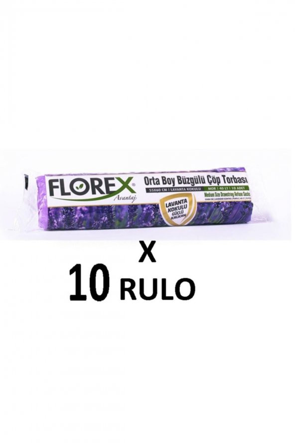 Florex Lavanta Kokulu Büzgülü Orta Boy ( 55x60 Cm ) Çöp Poşeti Mor 10 Rulo