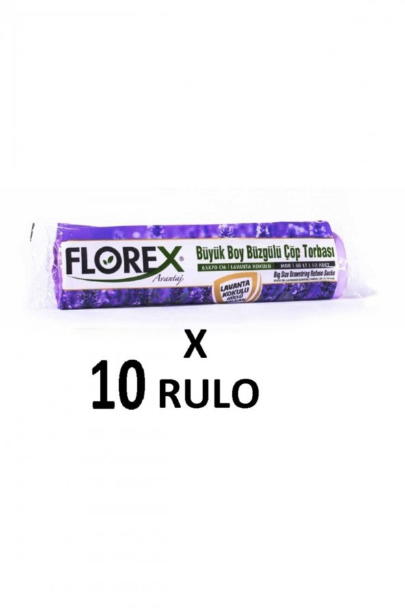 Florex Lavanta Kokulu Büzgülü Büyük Boy  65x70 Cm Çöp Poşeti Mor 10 Rulo