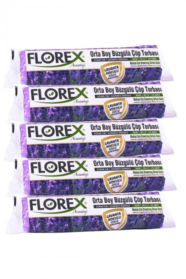 Florex Büzgülü Orta Boy Çöp Torbası Avantaj Seri 5 Rulo Lavanta Kokulu