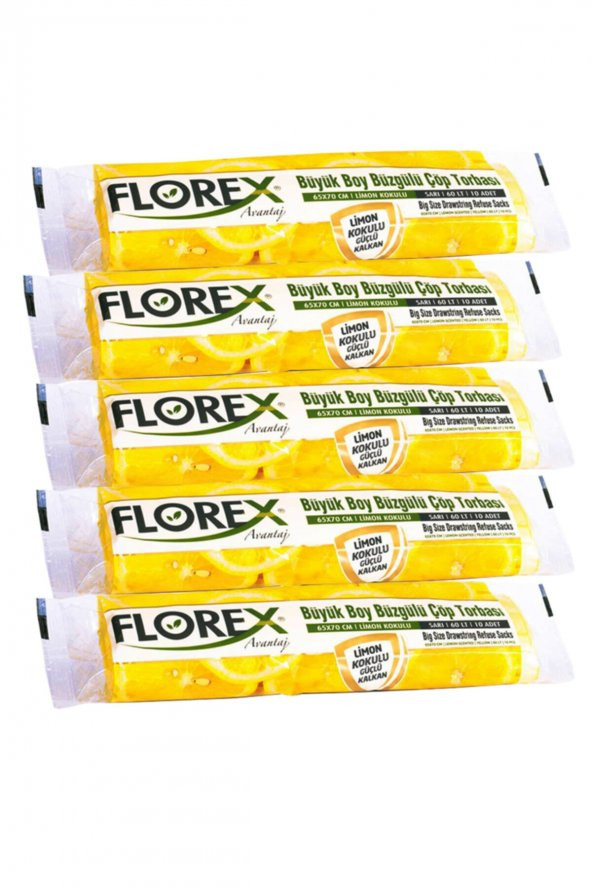 Florex Büzgülü Büyük Boy Çöp Torbası Avantaj Seri 5 Rulo Limon Kokulu