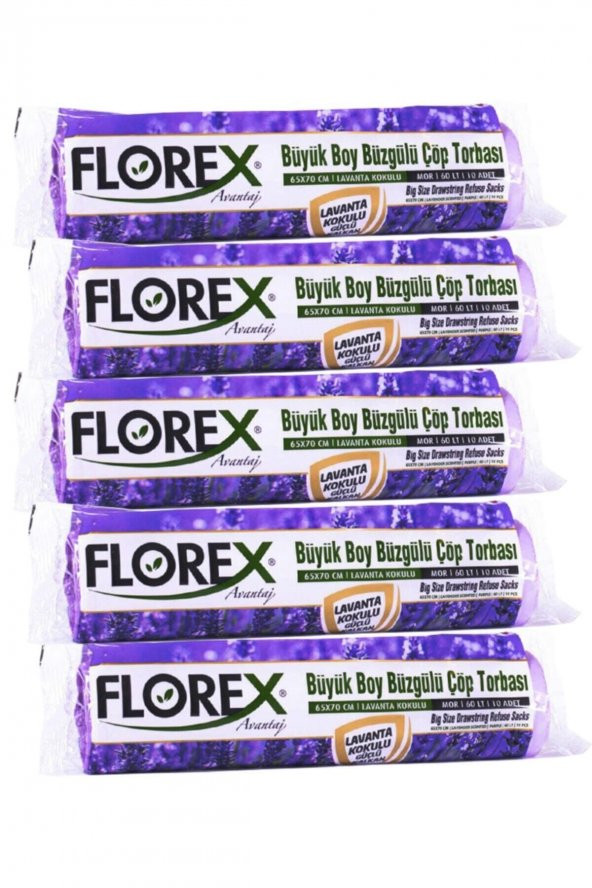 Florex  Büzgülü Büyük Boy Çöp Torbası Avantaj Seri 5 Rulo Lavanta Kokulu