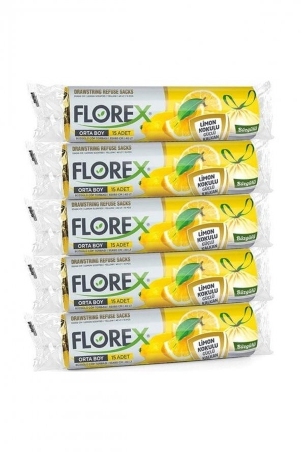 Florex  Büzgülü Limon Kokulu Orta Boy Çöp Torbası 55x60 cm 5 Rulo