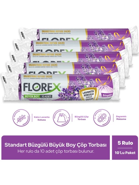 Florex  Büzgülü Lavanta Kokulu Orta Boy Çöp Torbası - 5 Rulo