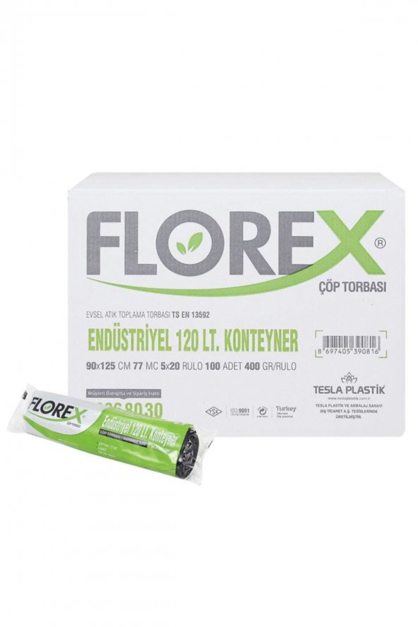 Florex  120 Lt Endüstriyel Konteyner Çöp Torbası Çöp Poşeti 90x125 Cm 1 Koli 20 Rulo 100 Adet
