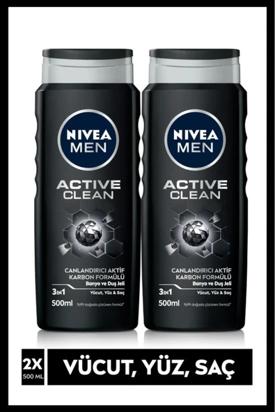 Nivea  Men Active Clean Erkek Duş Jeli 500 Ml X2 Avantajlı Paket