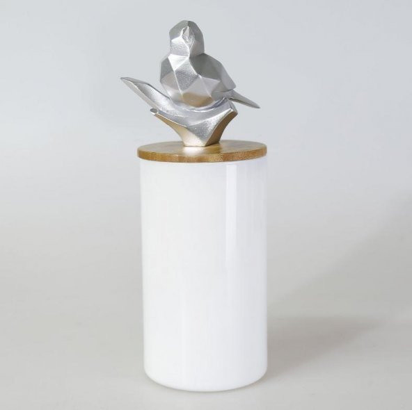 Selim Dekor Kuşlu Büyük Kavanoz Beyaz Gümüş ürün görseli