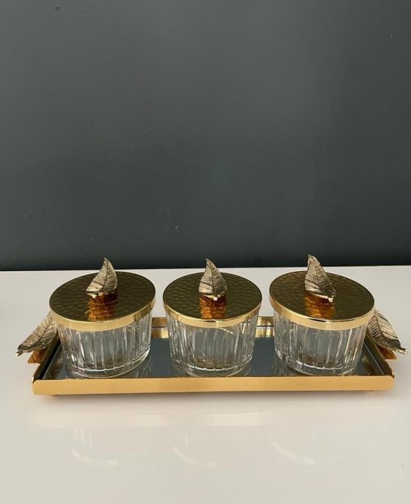 Selim Dekor Yaprak 3 lü Çerezlik Altın ürün görseli