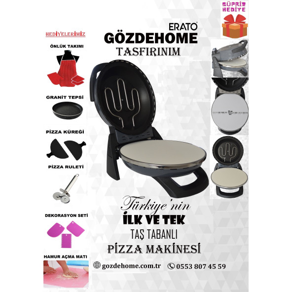 Antrasit Erato Taşfırınım Doğal Taş Tabanlı Pizza Makinesi Taş Fırın Seti Hediyeli