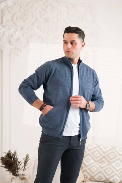 REGULAR FİT DİK YAKA FERMUARLI YAN CEPLİ ERKEK TRİKO HIRKA - 2