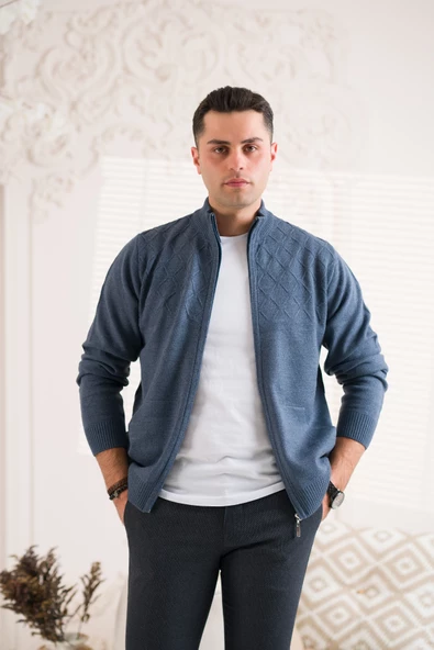 REGULAR FİT DİK YAKA FERMUARLI YAN CEPLİ ERKEK TRİKO HIRKA - 3