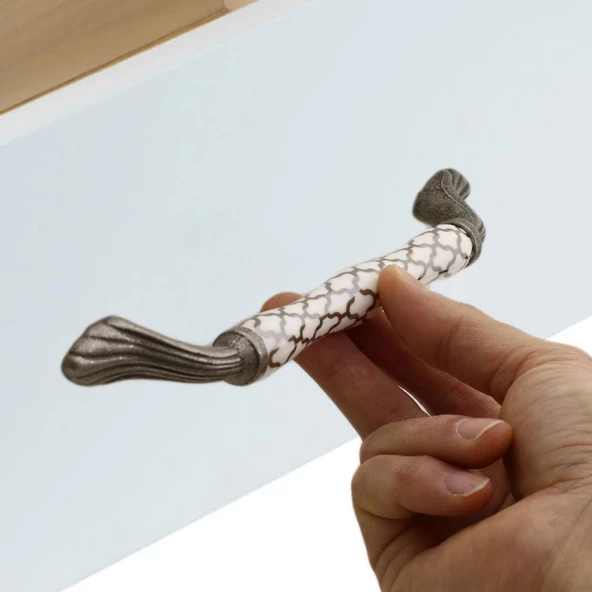 Carvent Lüks Porselen (128 mm-12.8 cm) Beyaz Eskitme Antik Gümüş Mobilya Mutfak Dolap Kulpu Kulbu - Resim 6