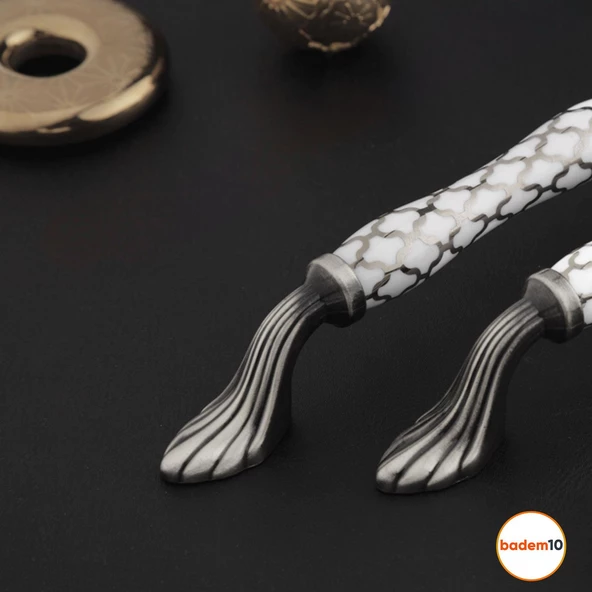 Carvent Lüks Porselen (128 mm-12.8 cm) Beyaz Eskitme Antik Gümüş Mobilya Mutfak Dolap Kulpu Kulbu - Resim 2