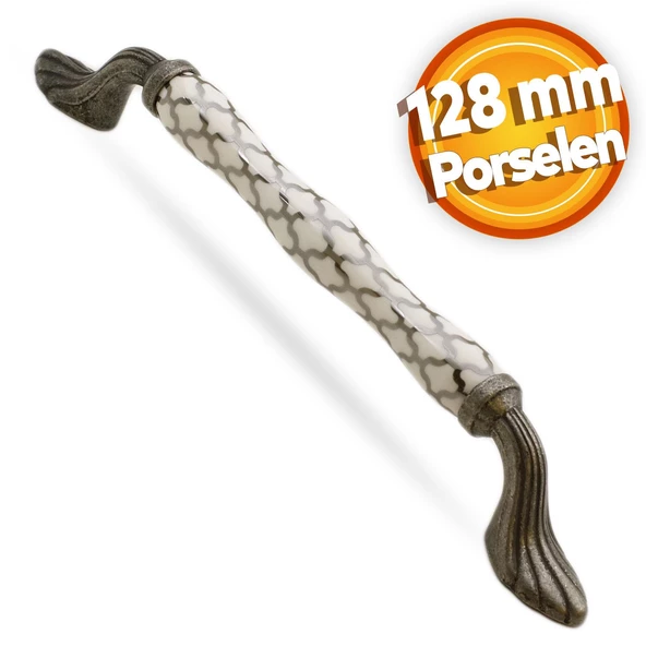 Carvent Lüks Porselen (128 mm-12.8 cm) Beyaz Eskitme Antik Gümüş Mobilya Mutfak Dolap Kulpu Kulbu