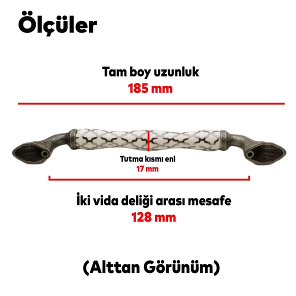 Carvent Lüks Porselen (128 mm-12.8 cm) Beyaz Eskitme Antik Gümüş Mobilya Mutfak Dolap Kulpu Kulbu - Resim 5