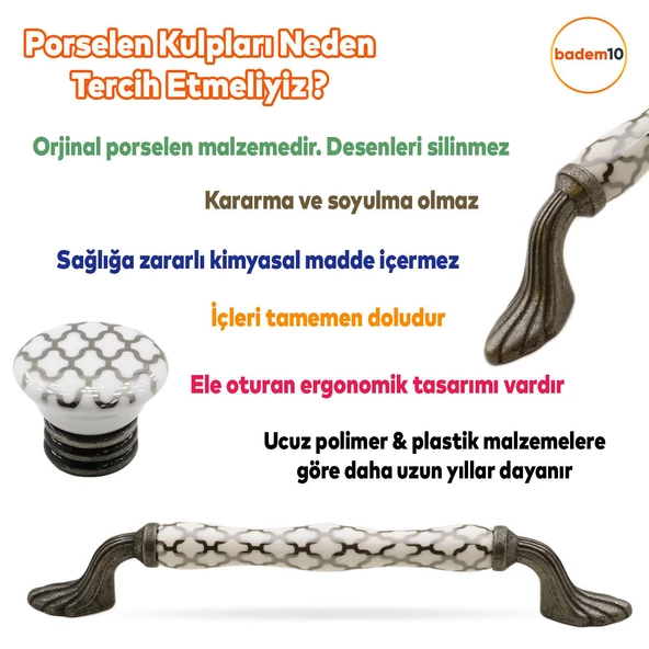 Carvent Lüks Porselen (128 mm-12.8 cm) Beyaz Eskitme Antik Gümüş Mobilya Mutfak Dolap Kulpu Kulbu - Resim 3