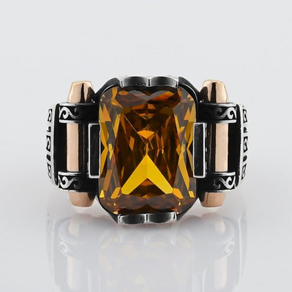 Sitrin Taşlı 925 Ayar Gümüş Erkek Yüzük - Resim 3