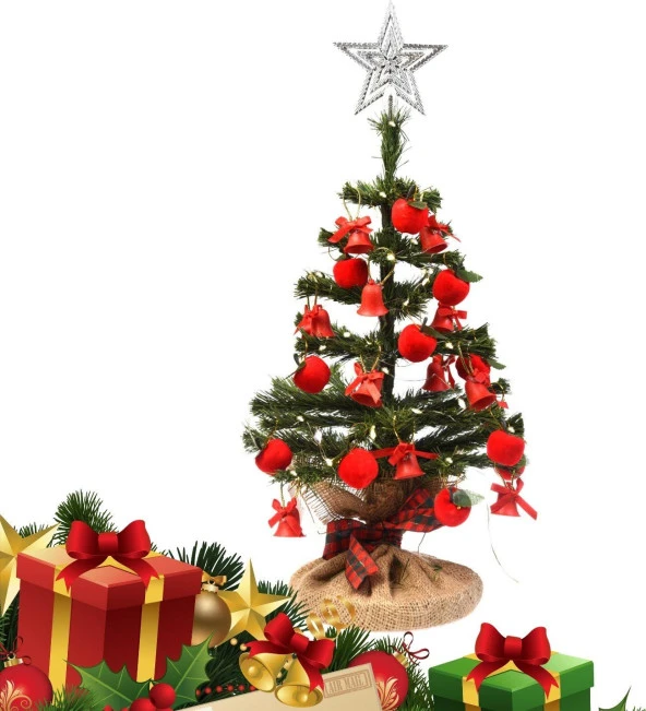 Yılbaşı Masaüstü Süslü Yeni Yıl Çam Ağacı 40 cm, Kütüklü Kırmızı Konsept 25 Parça Süs SET