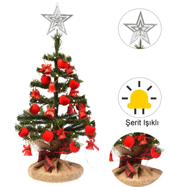 Yılbaşı Masaüstü Süslü Yeni Yıl Çam Ağacı 40 cm, Kütüklü Kırmızı Konsept 25 Parça Süs SET - Resim 3