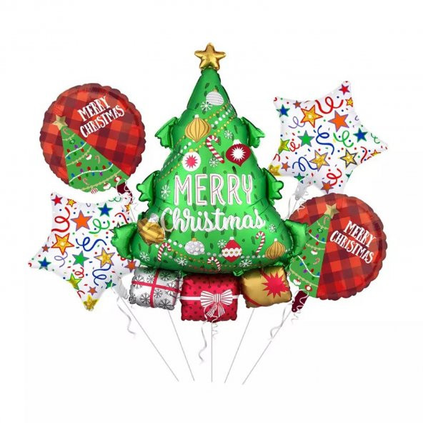 Yılbaşı Yeniyıl Dekorasyonu Helyuma Uyumlu Yılbaşı Ağacı Folyo Balon Seti 5 Parça Christmas Balloons
