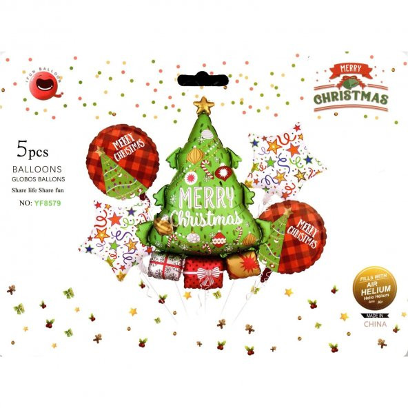 Yılbaşı Yeniyıl Dekorasyonu Helyuma Uyumlu Yılbaşı Ağacı Folyo Balon Seti 5 Parça Christmas Balloons - 3