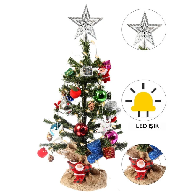 Yılbaşı Masaüstü Süslü Yeni Yıl Çam Ağacı 40 cm, Kütüklü Jütlü- 28 Parça Süs SET - Resim 2