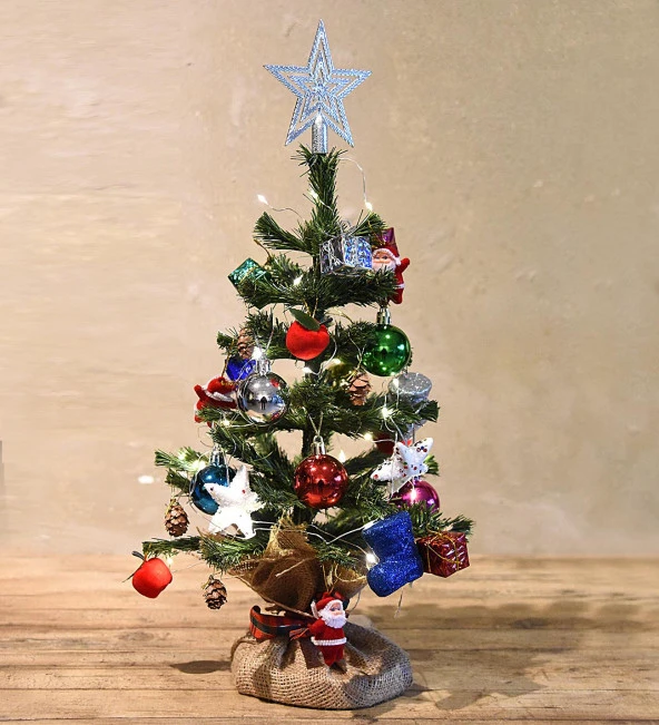 Yılbaşı Masaüstü Süslü Yeni Yıl Çam Ağacı 40 cm, Kütüklü Jütlü- 28 Parça Süs SET - Resim 5