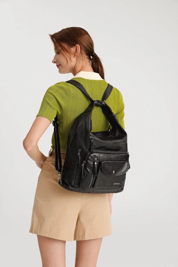 Yıkama Deri Hem Sırt Hem Omuz Kadın Çantası 21-k Barcelona 1580 - Resim 8