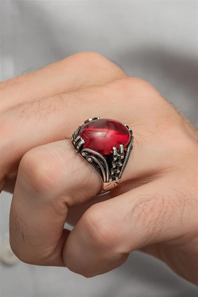 Kırmızı Lal Taşlı Oval 925 Gümüş Erkek Yüzük - 3