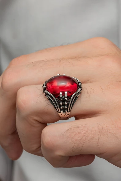 Kırmızı Lal Taşlı Oval 925 Gümüş Erkek Yüzük - 4