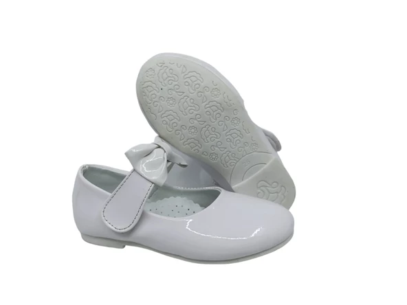 Zerhan 350 Kız Çocuk Beyaz Rugan Fiyonklu Cırtlı Babet - Resim 6