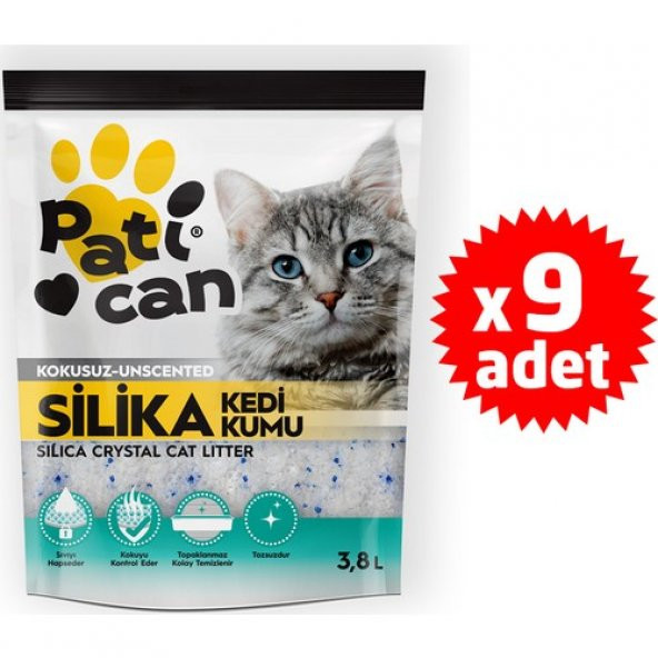 9 ADET PATİCAN SİLİKA KRİSTAL KEDİ KUMU 3.8 LT