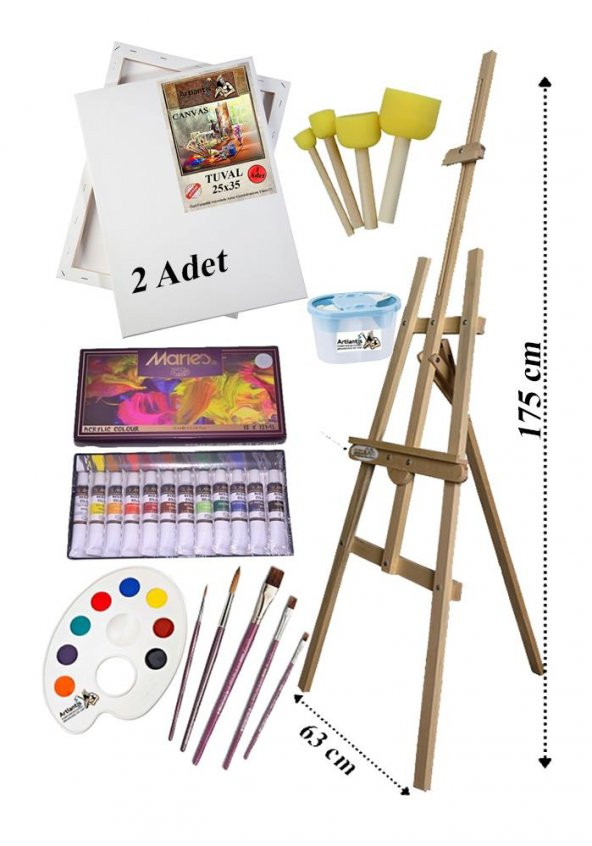 Akrilik Boya Resim Başlangıç Seti Maries 12 Renk Akrilik Boya Şövalye 2 Tuval 25x35 Fırça Spatula Şövale