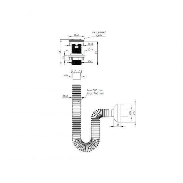 Monavit Çelik Kapaklı ABS Klik Klack Lavabo Süzgeci ve Ø32 Sifon - 2