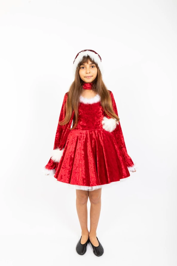 Kız Çocuk Noel Kostümü - Kız Çocuk Şapkalı Atkılı Christmas Yılbaşı Parti Elbisesi
