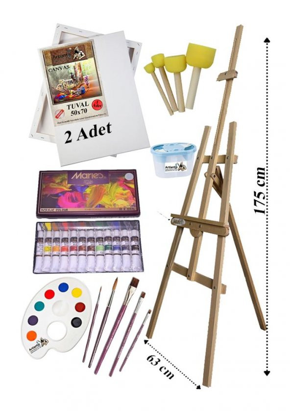 Akrilik Boya Resim Başlangıç Seti Maries 12 Renk Akrilik Boya Şövalye 2 Tuval 50x70 Fırça Spatula Şövale - 1