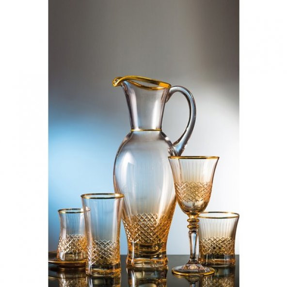 Kcd Antik Sarı 61 Parça Cam Sofra Sunum Çeyiz Seti Su Bardak Takımı Kesme El Dekor ürün görseli 1