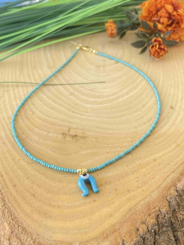 Aksesuar Çarşısı Murano Turkuaz Nal Nazar Boncuk Tasarımlı Kolye - Resim 4