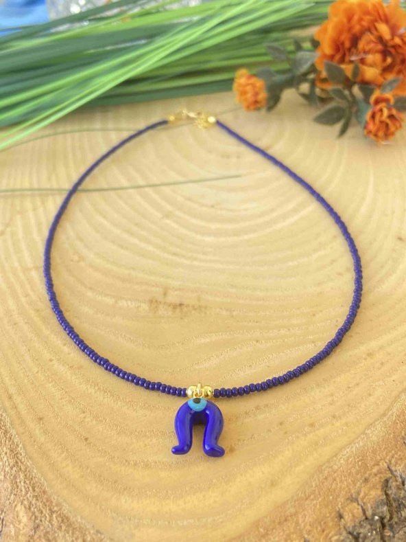 Aksesuar Çarşısı Murano Lacivert Nal Nazar Boncuk Tasarımlı Kolye - Resim 3