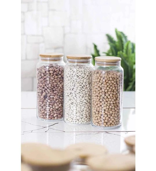 9'lu Bambu Kapaklı Cam Kavanoz & Erzak Saklama Kabı Seti 3* 1.3 Lt + 0.80 Lt + 0.50 Lt (Vakum Kapak) - 2