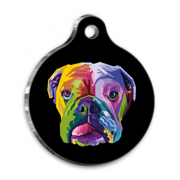 Pop Art İllüstrasyon English Bulldog Yuvarlak Köpek Künyesi