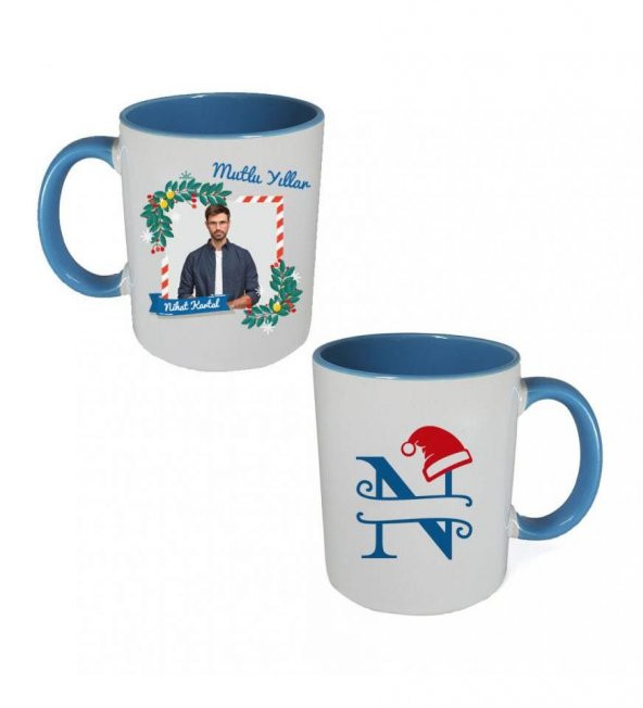 Kişiye Özel Yeniyıl Temalı Fotoğraf Baskılı Porselen Kupa Bardak Mavi HK2408 - 2