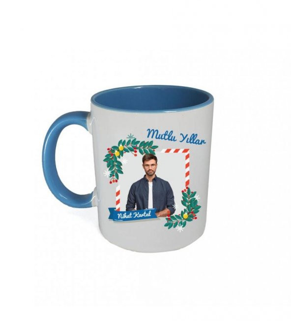 Kişiye Özel Yeniyıl Temalı Fotoğraf Baskılı Porselen Kupa Bardak Mavi HK2408 - 3