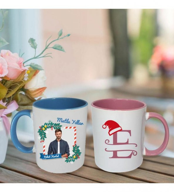 Kişiye Özel Yeniyıl Temalı Sevgili Çift Fotoğraf Baskılı Porselen Kupa Bardak Pembe ve Mavi HK2407 ürün görseli